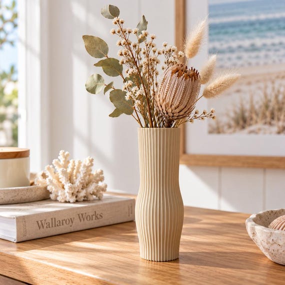 Coastal Column Ribbed Vase for Dried Flowers | Sand Beige | Hamptons Home Decor | Australian Made